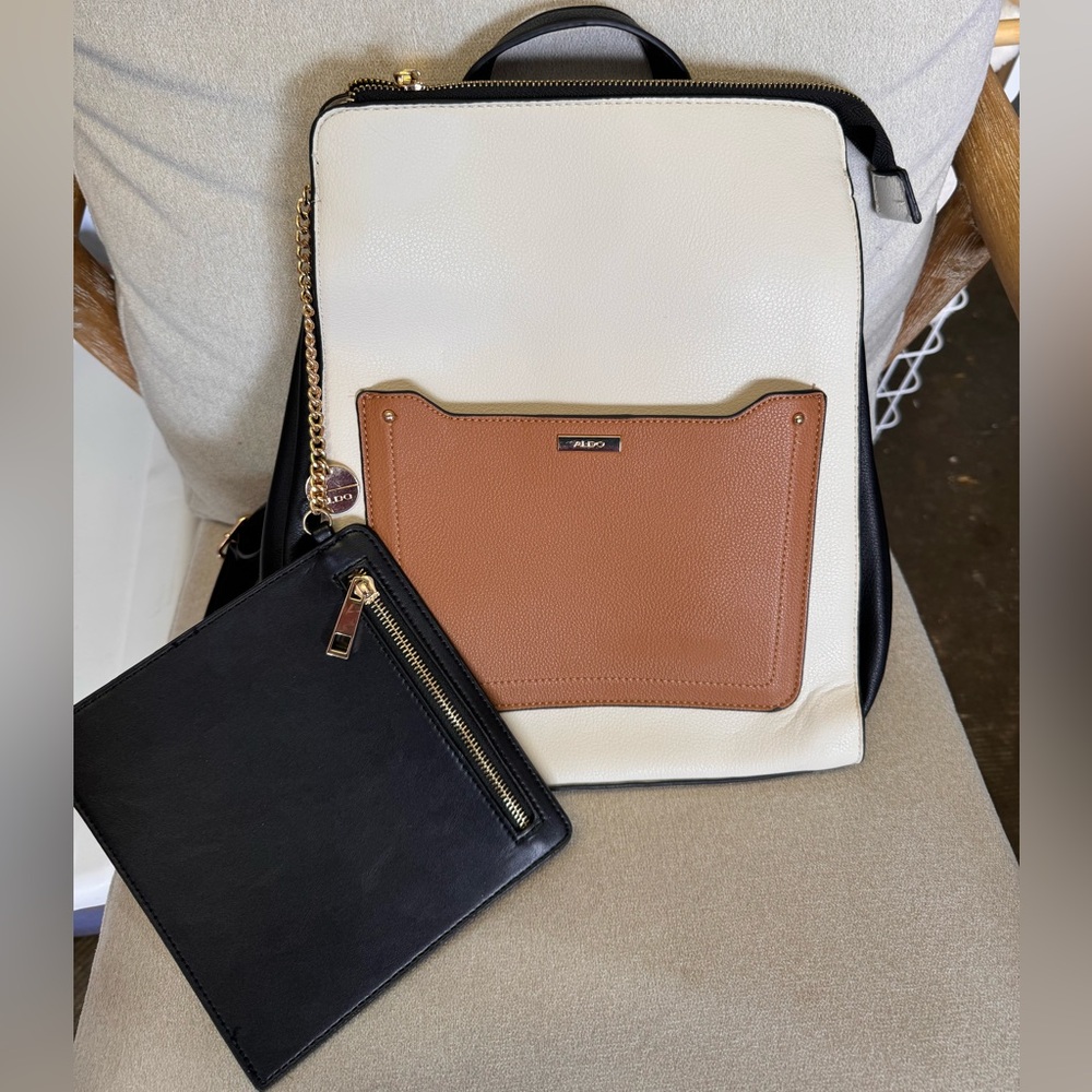 ALDO Portwine Medium-Sized Backpack w/Removable Clutch - Cream, cognac & black.